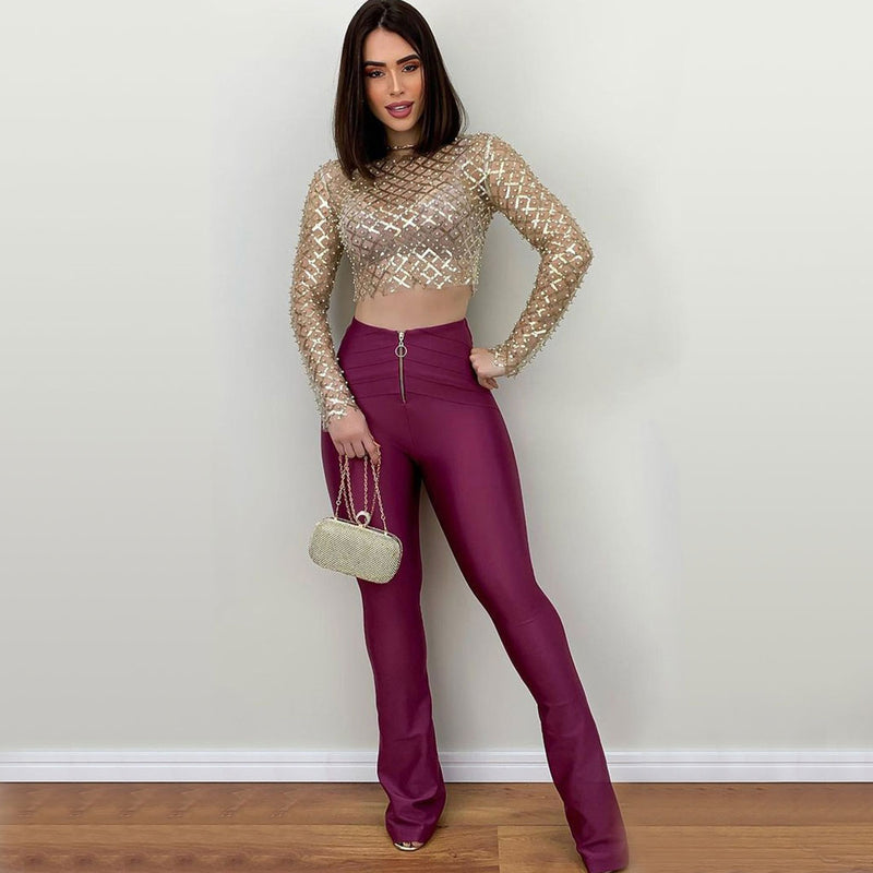 Luxury Faux Pearl and Sequin Embellished Long Sleeve Sheer Mesh Crop Top