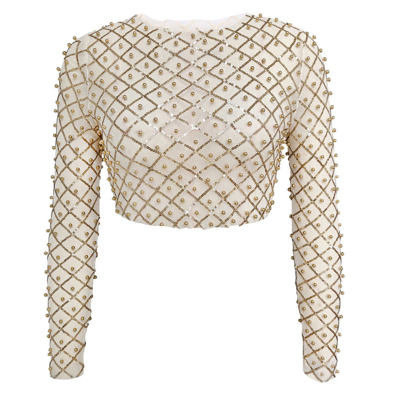 Sexy Sheer Mesh Pearl Beaded Long Sleeve Top - Nude – Luxedress