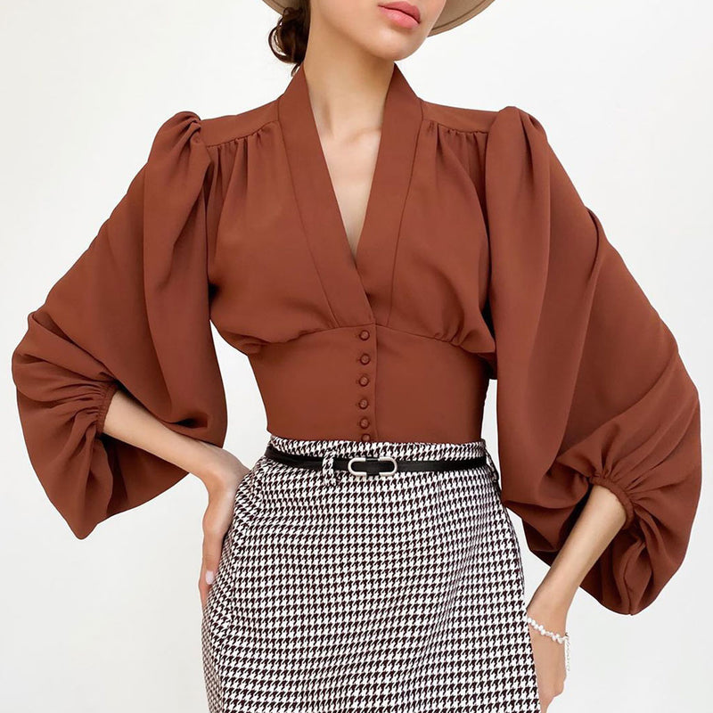 Elegant Solid Ruched Lantern Sleeve V Neck Button Up Cropped Chiffon Blouse