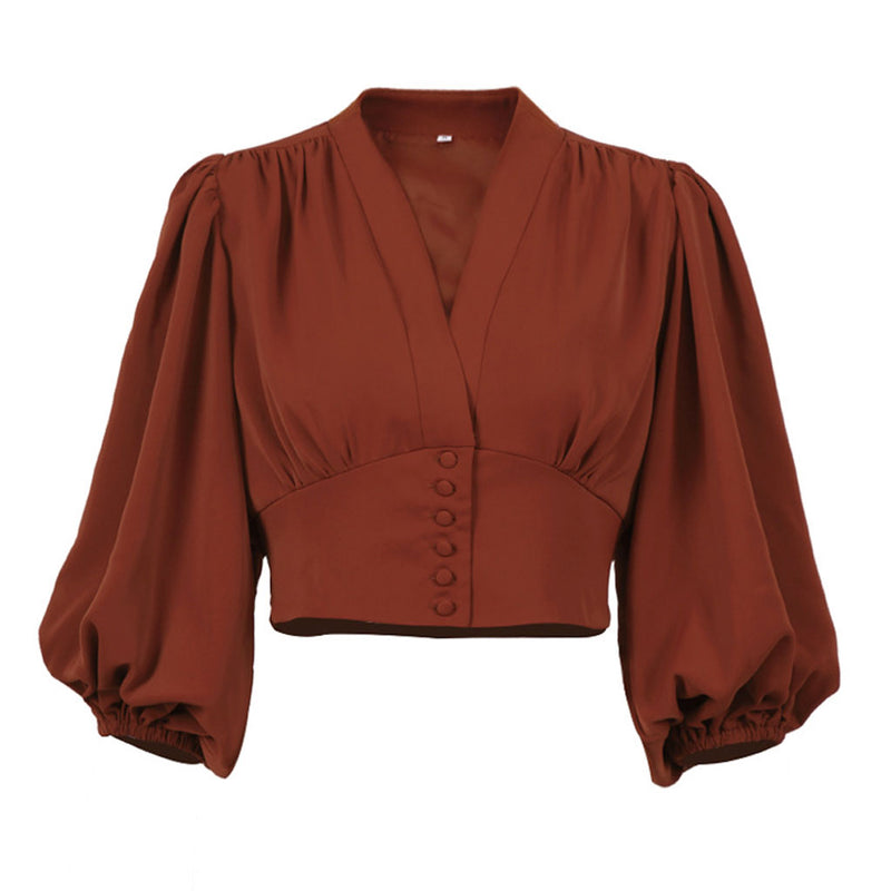 Elegant Solid Ruched Lantern Sleeve V Neck Button Up Cropped Chiffon Blouse