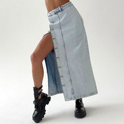 Street Style Faded Wash Button Front Split High Waist Midi Denim Skirt