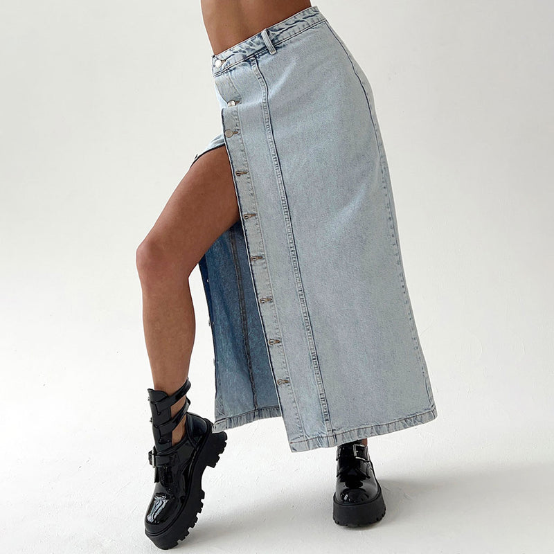 Street Style Faded Wash Button Front Split High Waist Midi Denim Skirt