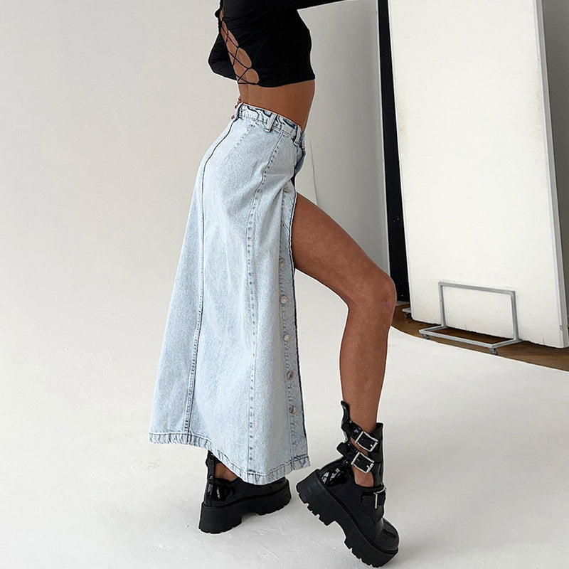 Street Style Faded Wash Button Front Split High Waist Midi Denim Skirt