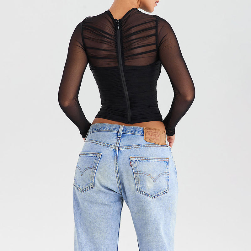 Sexy V Neck Semi Sheer Long Sleeve Ruched Cropped Layered Mesh Top