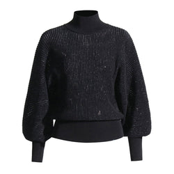 Sparkly High Neck Balloon Sleeve Metallic Lurex Ribbed Knit Pullover Sweater