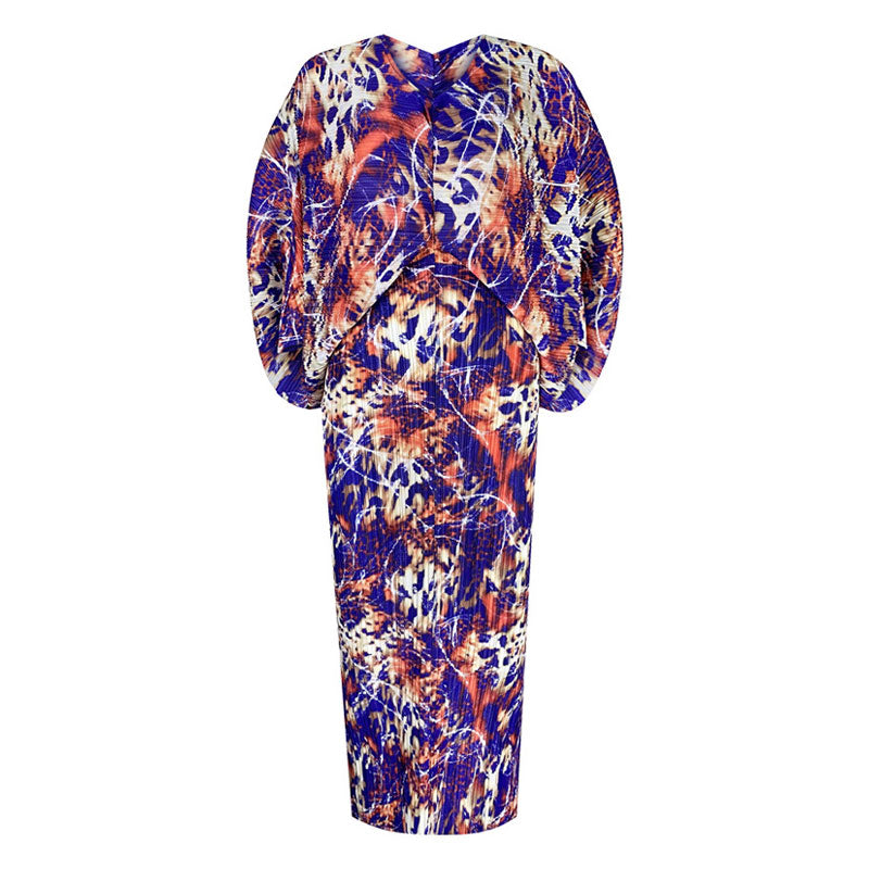 Abstract Tie Dye Printed V Neck Exaggerated Dolman Sleeves Pleated Maxi Dress