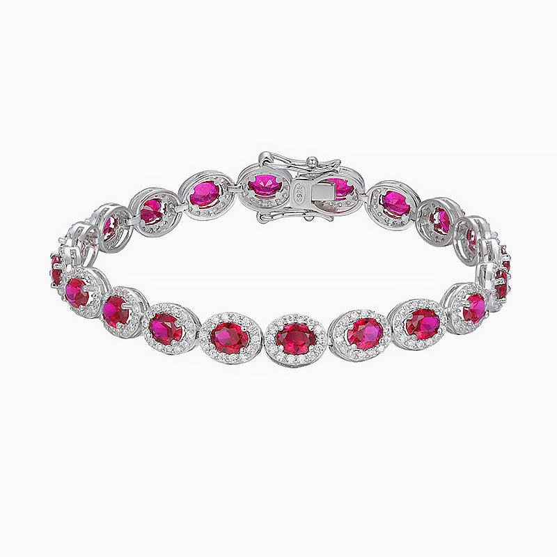 Alluring Rhodium Plated Sterling Silver Bezel Ruby Halo Tennis Bracelet