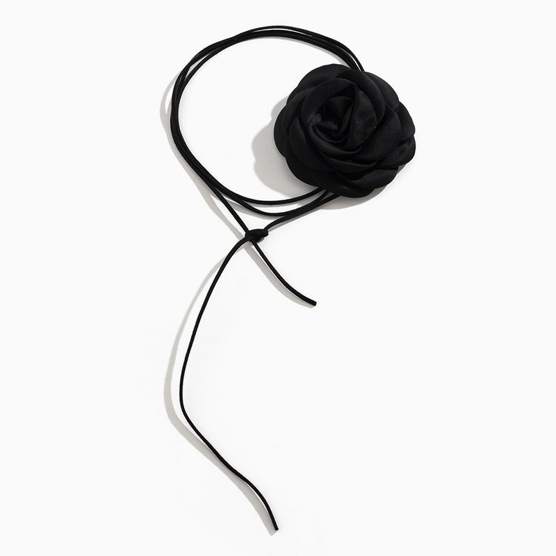 Alluring Silky Satin Big Rosette Suede Cord Tie Wrap Choker Necklace