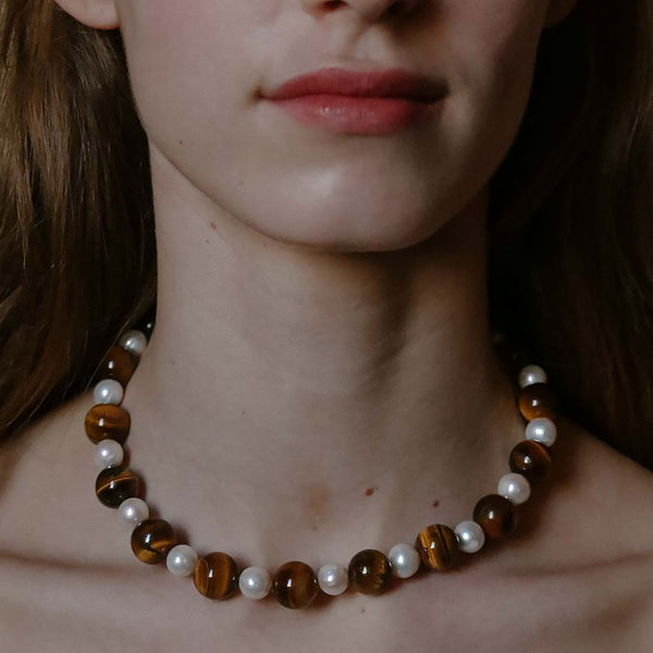 Alternating Tigers Eye & Freshwater Pearl Round Bead Choker Necklace