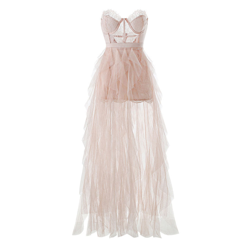 Angelic Lace Sweetheart Neck Corset Ruffle Tulle Thigh Split Maxi Evening Dress