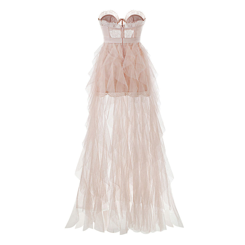 Angelic Lace Sweetheart Neck Corset Ruffle Tulle Thigh Split Maxi Evening Dress