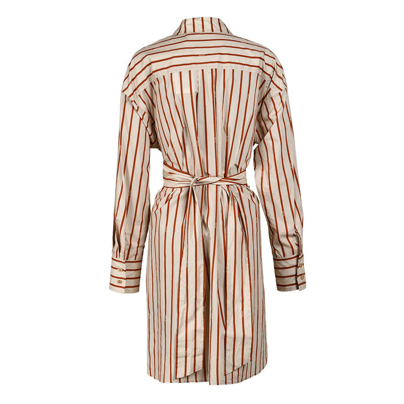 Artful Striped Print Collared Drop Shoulder Button Down Belted High Low Shirt Dress