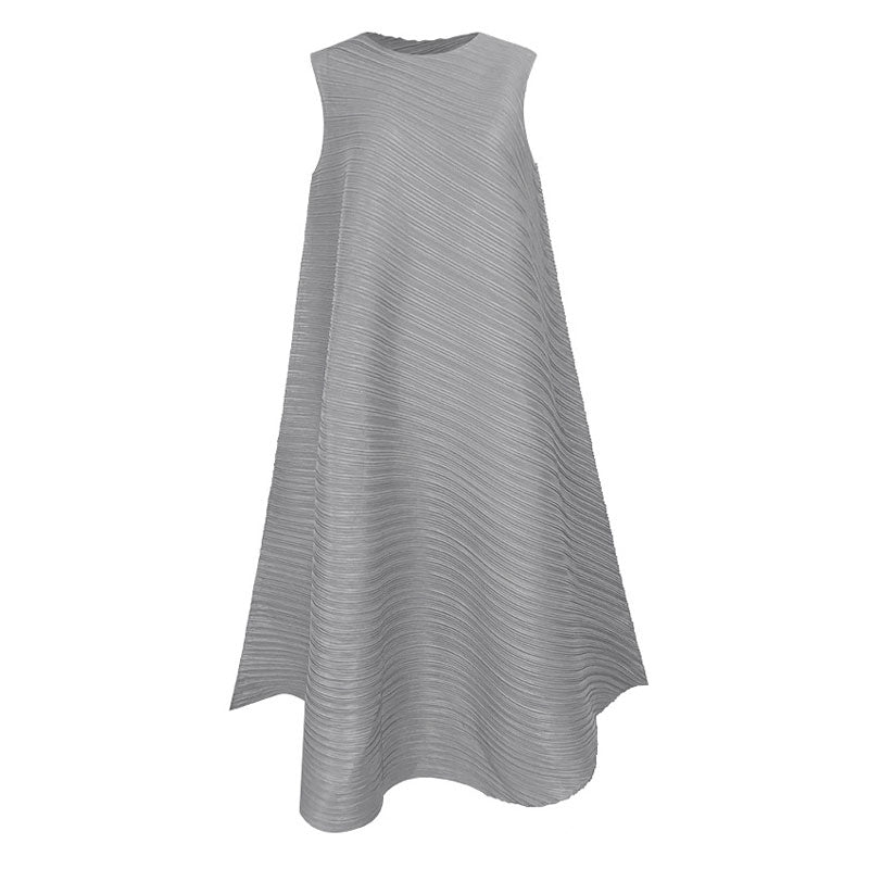 Artistic Round Neck A Line Sleeveless Asymmetrical Pleated Midi Dress