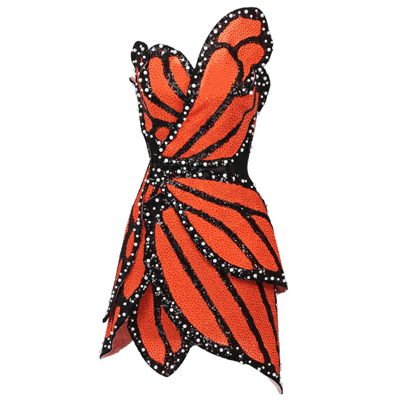 Asymmetric Colorblock Faux Pearl Detail Studded Strapless Mini Party Dress