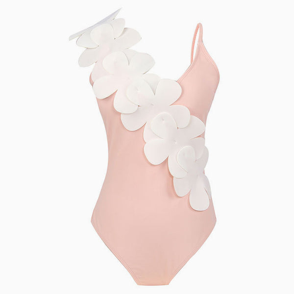 Asymmetric Contrast 3D Petal Flower Moderate V Neck One Piece Swimsuit