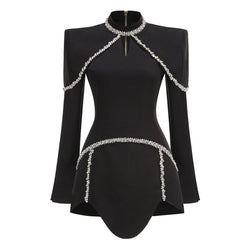 Asymmetric Crystal Embellished Stand Collar Cutout Bodycon Mini Party Dress
