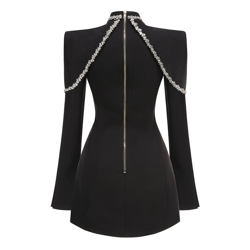 Asymmetric Crystal Embellished Stand Collar Cutout Bodycon Mini Party Dress