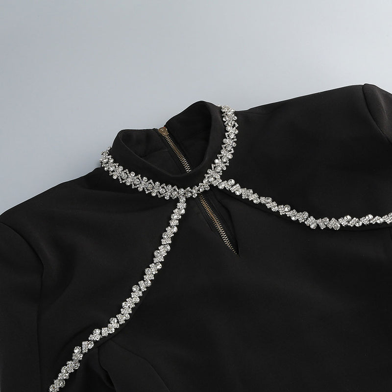Asymmetric Crystal Embellished Stand Collar Cutout Bodycon Mini Party Dress