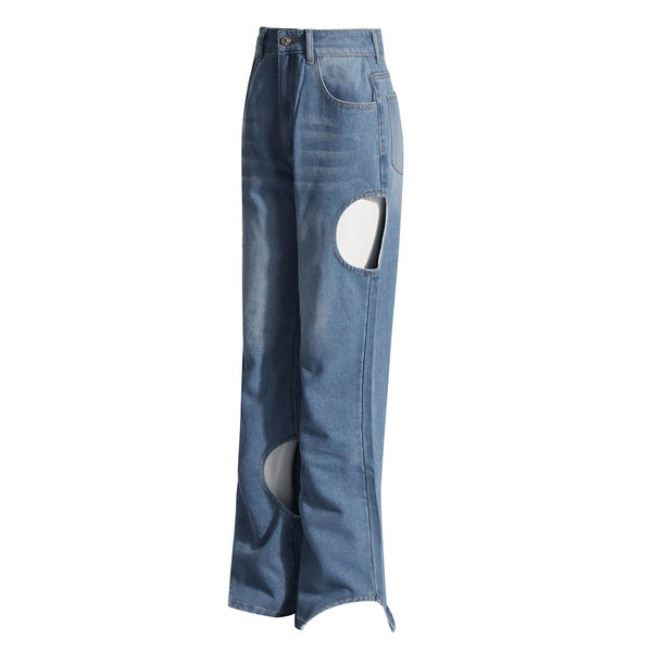 Asymmetric Cut Out Whisker High Waist Straight Leg Washed Denim Jeans