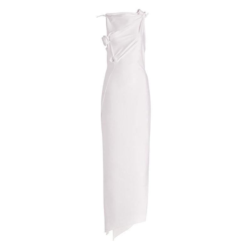 Asymmetric Cutout Rose Appliqué Side Slit High Neck Sleeveless Maxi Dress