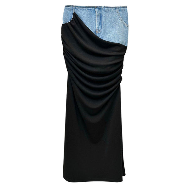 Asymmetric Denim Panel High Waist Draped Maxi Column Skirt
