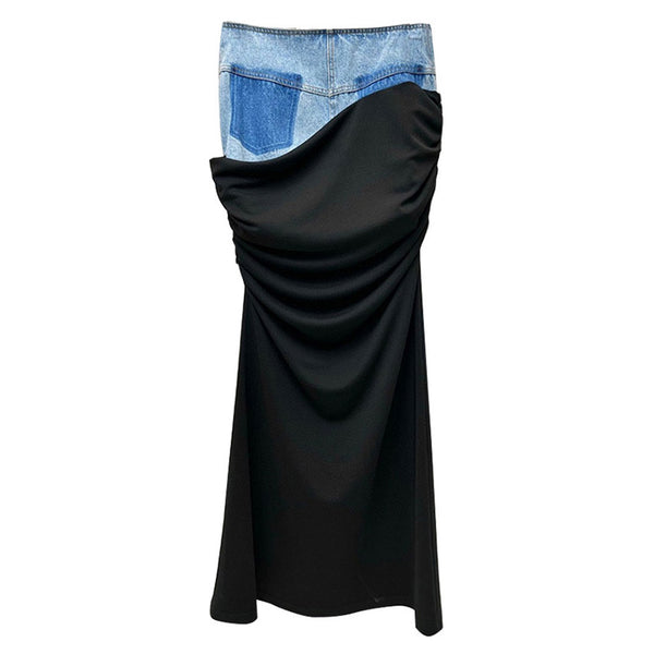 Asymmetric Denim Panel High Waist Draped Maxi Column Skirt