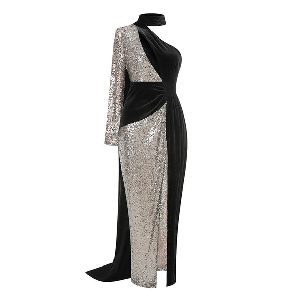 Asymmetric Draped Scarf Ruched Cutout Sequin Velvet Evening Maxi Dress