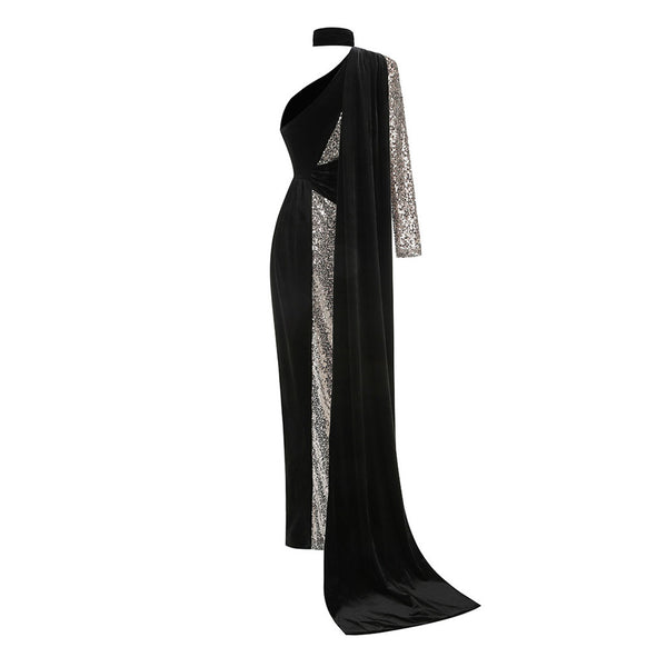 Asymmetric Draped Scarf Ruched Cutout Sequin Velvet Evening Maxi Dress