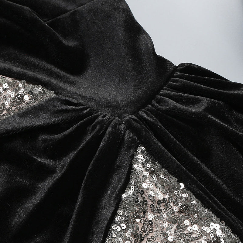 Asymmetric Draped Scarf Ruched Cutout Sequin Velvet Evening Maxi Dress