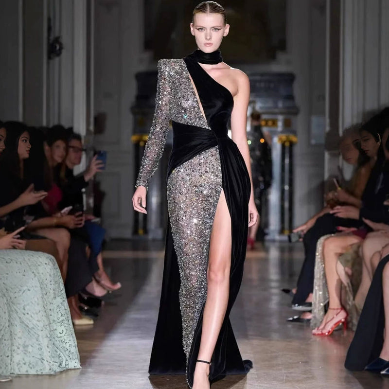 Asymmetric Draped Scarf Ruched Cutout Sequin Velvet Evening Maxi Dress