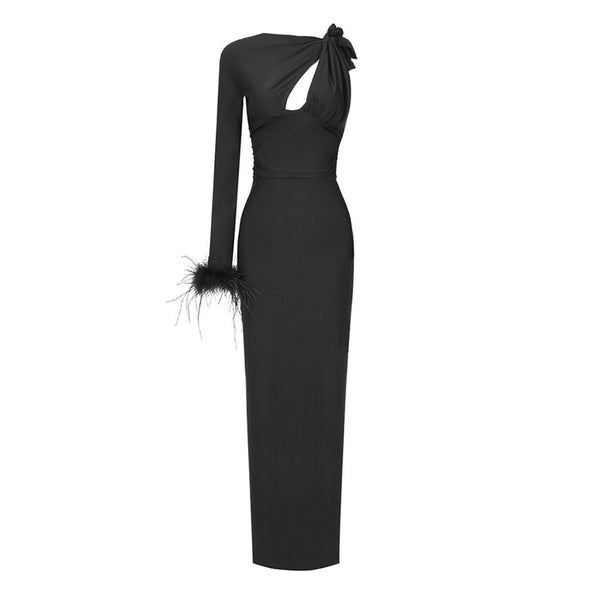 Asymmetric Feather Trim Long Sleeve Ruched Cutout Maxi Evening Dress