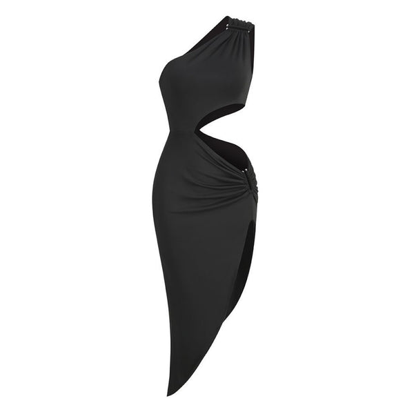 Asymmetric One Shoulder Cutout Metal Decor Ruched Slit High Midi Cocktail Dress