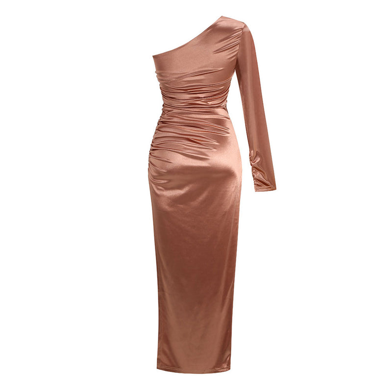 Asymmetric One Shoulder Ruched Side Split Maxi Evening Dress