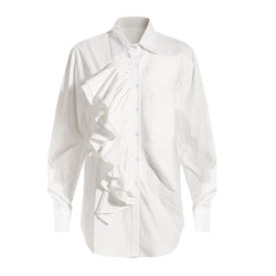 Asymmetric Ruffled Trim Pleated Collared Button Up Oversized Shirt