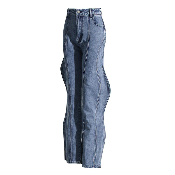 Asymmetric Wave Design High Waist Straight Leg Washed Denim Jeans
