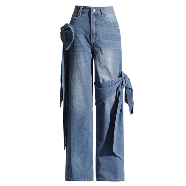 Asymmetrical Bowknot Whisker Detail High Waist Straight Leg Jeans