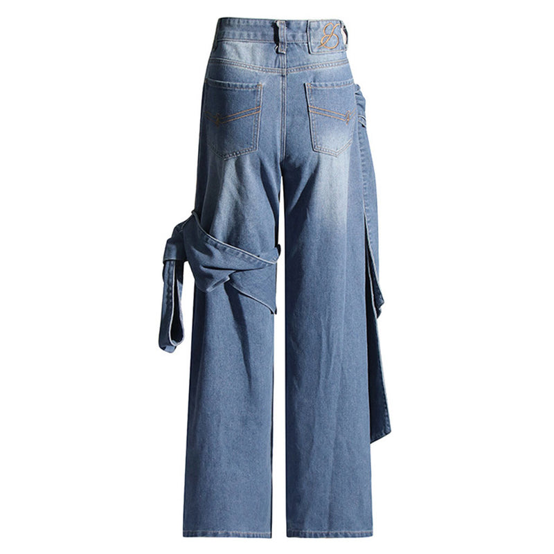 Asymmetrical Bowknot Whisker Detail High Waist Straight Leg Jeans