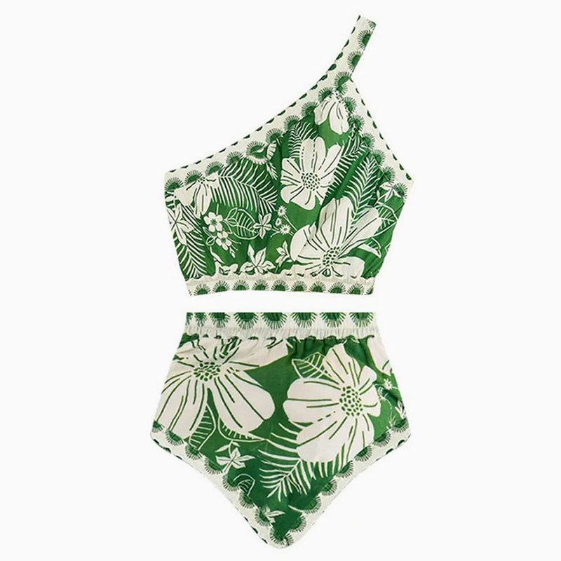 Asymmetrical Contrast Floral High Waist Moderate Crop One Shoulder Bikini Set