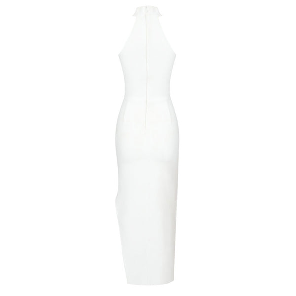 Asymmetrical Crystal Petal Decor Halter Neck Bandage Midi Cocktail Dress
