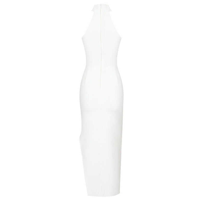 Asymmetrical Crystal Petal Decor Halter Neck Bandage Midi Cocktail Dress