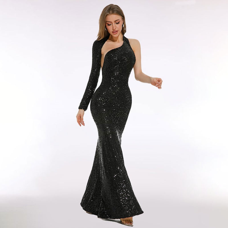 Classy Front Slit Semi Sheer Sequin Mermaid Maxi Dress - Black – Luxedress