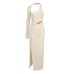 Asymmetrical Cutout Long Sleeve Thigh Split Maxi Bandage Evening Dress