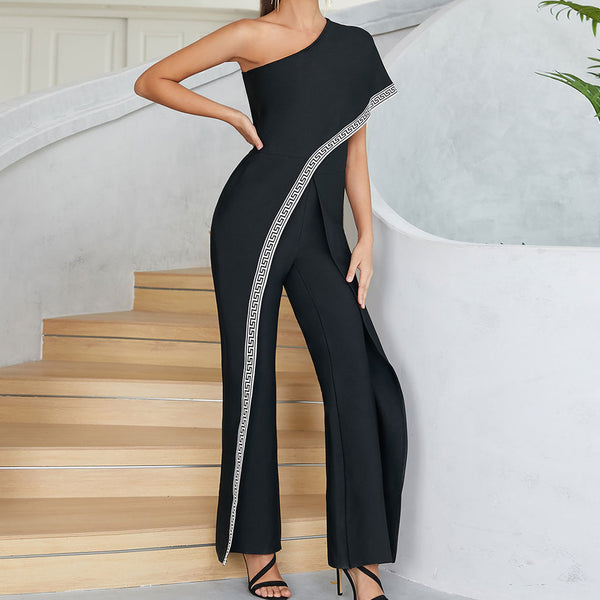 Asymmetrical One Shoulder Contrast Geometric Trim Wide Leg Bandage Jumpsuit