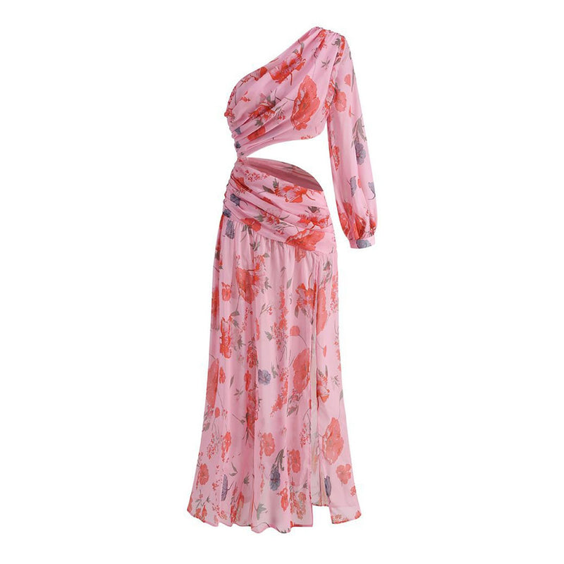 Asymmetrical One Shoulder Cutout Ruched High Split Maxi Floral Evening Dress