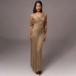 Asymmetrical One Shoulder Draped Ruched Mesh Corset Evening Maxi Dress