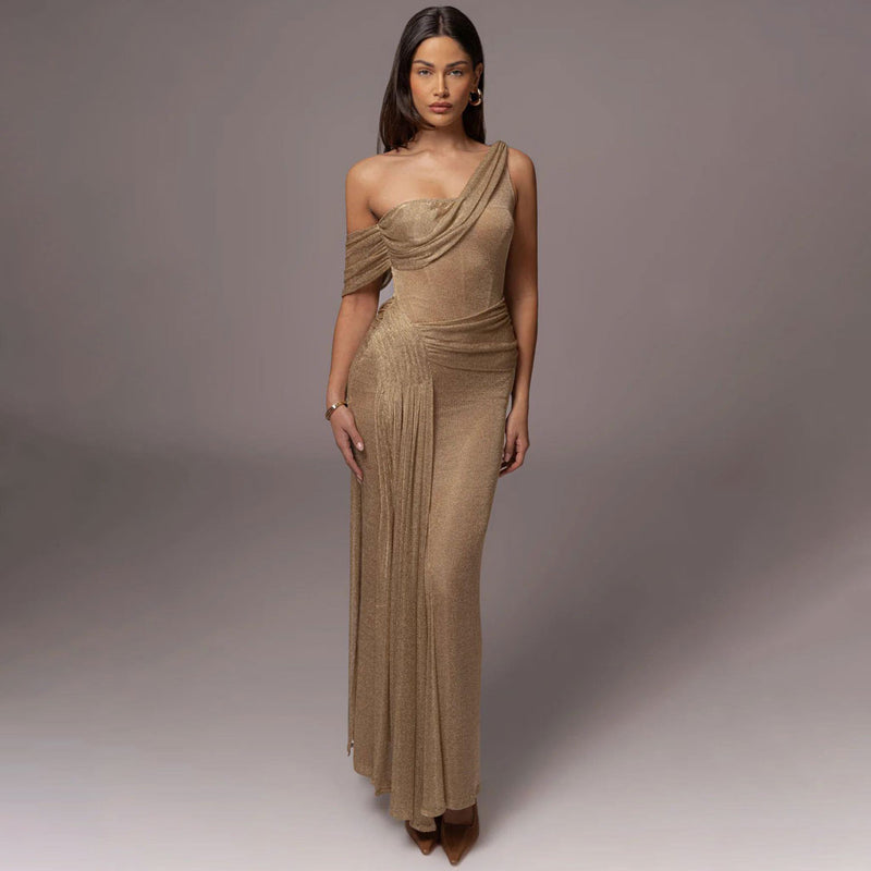 Asymmetrical One Shoulder Draped Ruched Mesh Corset Evening Maxi Dress
