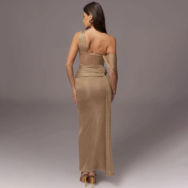 Asymmetrical One Shoulder Draped Ruched Mesh Corset Evening Maxi Dress
