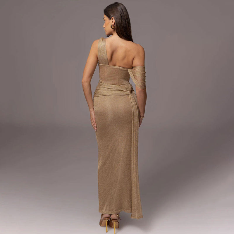 Asymmetrical One Shoulder Draped Ruched Mesh Corset Evening Maxi Dress