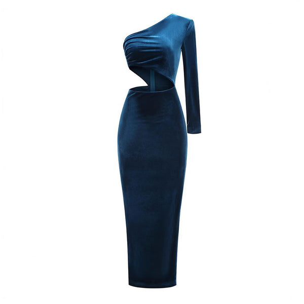 Asymmetrical One Shoulder Ruched Cutout Slit Velvet Evening Maxi Dress