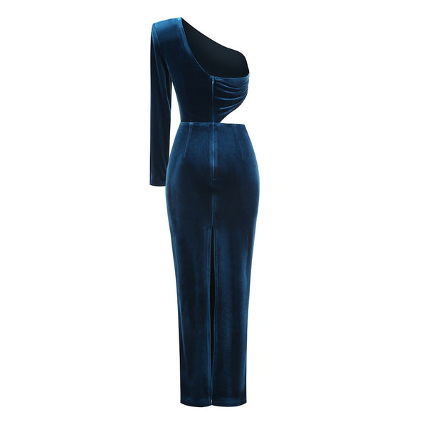 Asymmetrical One Shoulder Ruched Cutout Slit Velvet Evening Maxi Dress